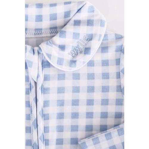 Peter Pan Collar Zipper Footie in Dusty Blue Gingham | Caden Lane