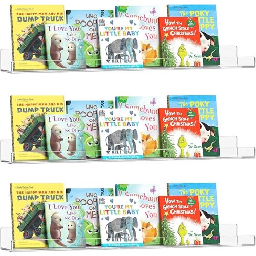 HBlife 24 Inches Invisible Wall Floating Bookshelf for Kids and Nursery, 16 Inch Stud Spacing Clear Acrylic Shelves for Figures, 3 Pack (5MM Thick)