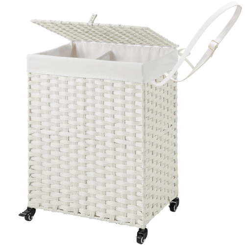 Rolanstar 90L Laundry Hamper with Wheels, No Install Needed, Divided Handwoven Hampers & 2 Removable Liner Bags, Synthetic Rattan Clothes Laundry Basket with Lid & Handles, Foldable Hampers White