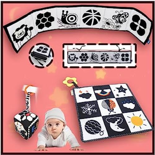 Black White Baby Toys: High Contrast Sensory Book 0-6 Months Montessori Newborn 1 2 3 Soft Hanging Cards Infant 4 5 Tummy Time Developmental 7 8 9 10 11 12 Crinkle Gifts Crib Car Seat Stroller Rattle
