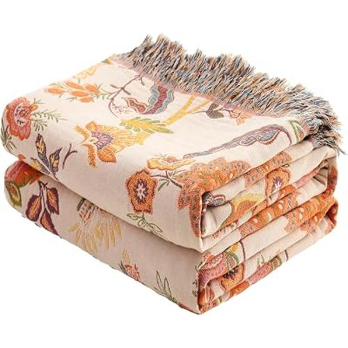 Boho Throw Blanket, 100% Organic Cotton Breathable Ultra Soft 91" x 108" King Bed Quilt Throw - All Season Floral Rustic Farmhouse Decor Luxury Blanket for Sofa Couch Chair and Gift