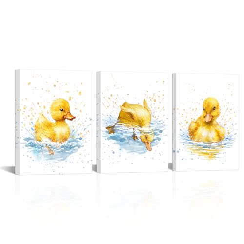 Derkymo Yellow Duck Canvas Wall Art Abstract Animal Picture Baby Duck in the Water Picture Print