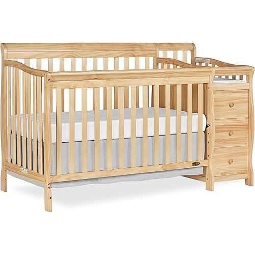 Dream On Me Brody 5-in-1 Convertible Full-Size Baby Crib & 3-Drawer Changer in Natural, Pinewood, GreenGuard Gold & JPMA, 1” Changer Pad, 3 Mattress Heights, Converts to Toddler & Full Size Bed