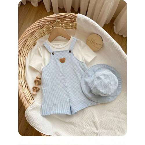 2pcs/Set Baby Boy/Girl Summer Blue & White Striped Bib Overalls Shorts And Fisherman Hat Set, Casual Outfit For Home, Outing, Beach | SHEIN USA