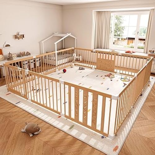 Wooden Baby Playpen with Built-in Toys,96"x96" Super Large Play Yard for Toddlers & Infants, Natural Pine Wood Play Fence with Safety Lock & Suction Cups, Fixed Structure Activity Center, 12 Panels