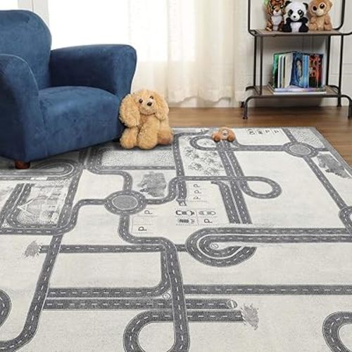 Superior Indoor Kids Rug, Washable, Non-Slip, Multi Color Playmat, Perfect for High Traffic Playroom, Perfect for Daycare Kids Room or Bedroom, Country Road Kid Rug Ivory - Z 4' x 6'