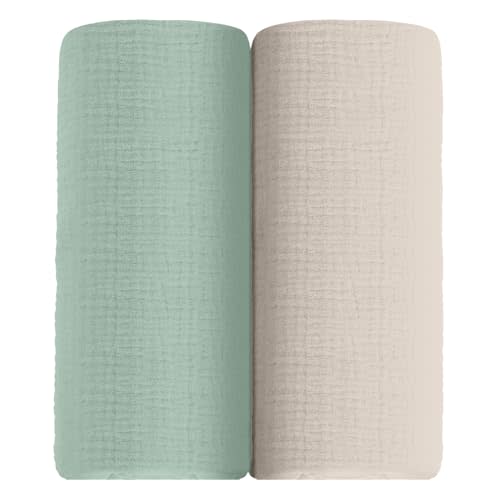 meowcards Muslin Swaddle Blankets for Baby, Unisex Baby Boys Girls Essentials, Large 47 x 47 inches, Boho Receiving Blankets Newborn Registry Must Haves (Beige & Sage, Printed)
