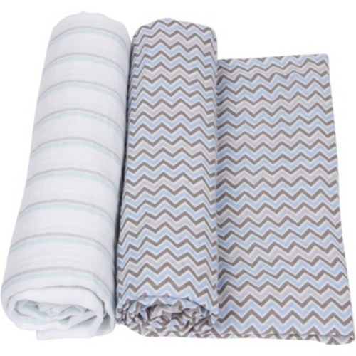 MiracleWare Muslin Swaddle Blanket - Blue/Gray 2pk: Cotton, 47" x 47", Classic Patterns, 152 Thread Count