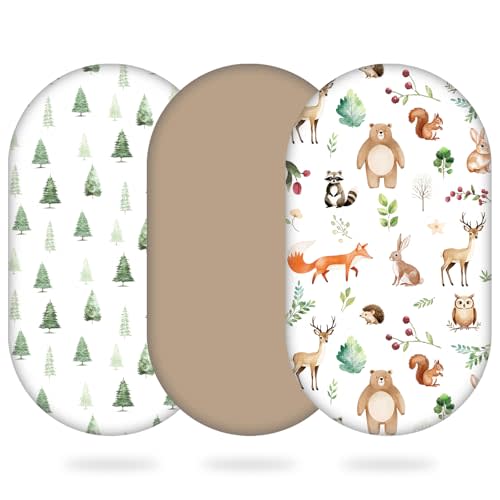 3 Pack Bassinet Sheets, Woodland Forest Animals Fitted Crib Sheets 32x16x3.9 for Standard Bassinet Mattress, Soft Breathable Neutral Baby Sheets for Boys Girls, Nursery Decor Gift Set