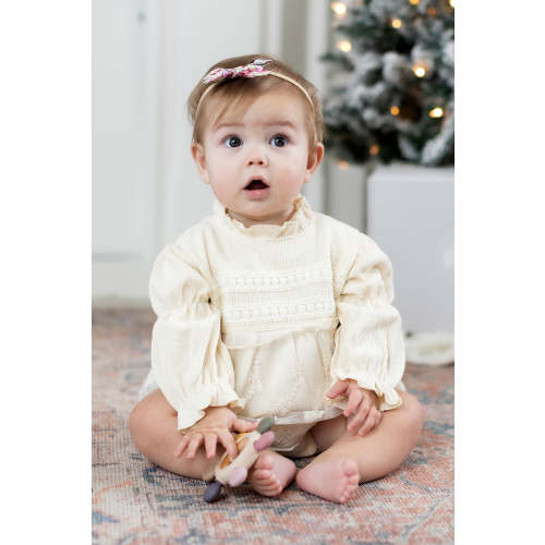 Heirloom Lace Cotton Blend Ivory Baby Romper with Embroidered Tulle | 3-6 Months