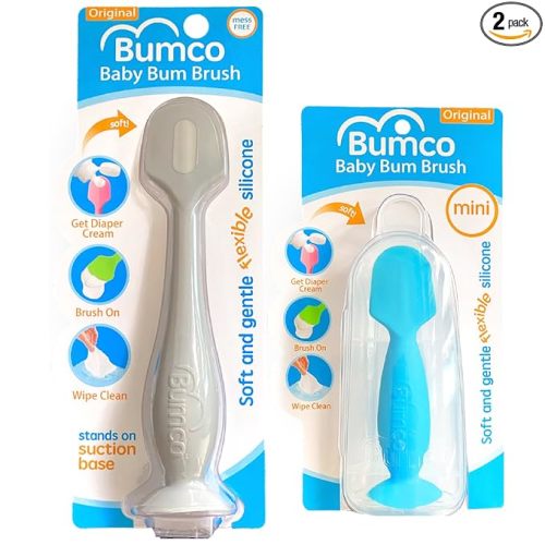Bumco Baby Bum Brush + Mini Baby Diaper Cream Spatula with Case - BPA-Free Silicone Diaper Spatula with Suction Cup, Wipe-Clean, Mom-Invented Butt Paste Applicator (Gray & Blue)