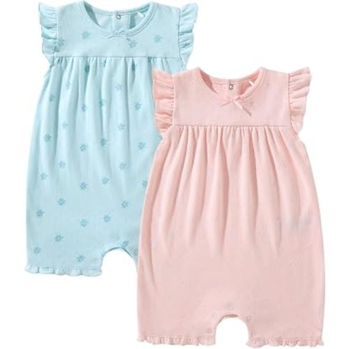 TRND O&X Baby Girl 2-Pack Soft Cotton Pointelle Romper, Ruffle Summer Outfit for Newborn Girls 0-24M