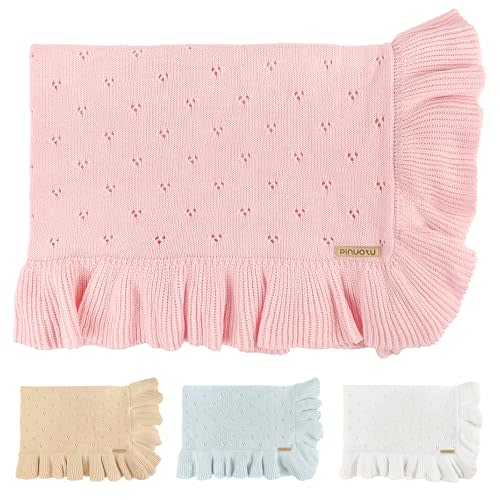 Pinuotu Cotton Pointelle Knitted Baby Blanket with Ruffle Trim, 40x31 Inches, Soft & Cozy for Newborns & Toddlers, Ideal for Swaddling, Crib & Stroller, Elegant Gift Box for All Seasons(Pink)