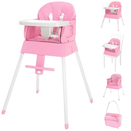 5 in 1 Foldable Baby High Chair,Convertible Highchair for Babies and Toddlers-Portable Infant Booster Seat,Carry Small Box,Dining Chair,Toddler High Chair with 5-Point Harness,Removable Tray-Pink
