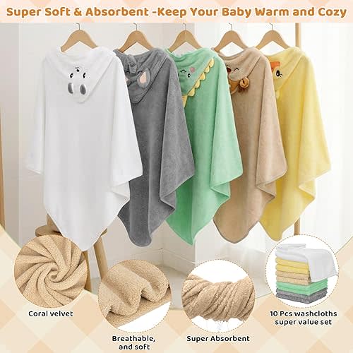 CandyHome 15 PCS Baby Bath Towels, 5 PCS Cute Animal Hooded Baby Towels & 10 PCS Washcloths Set for Infants Toddlers, Ultra Absorbent Soft Baby Bath Essentials Gifts for Boys & Girls