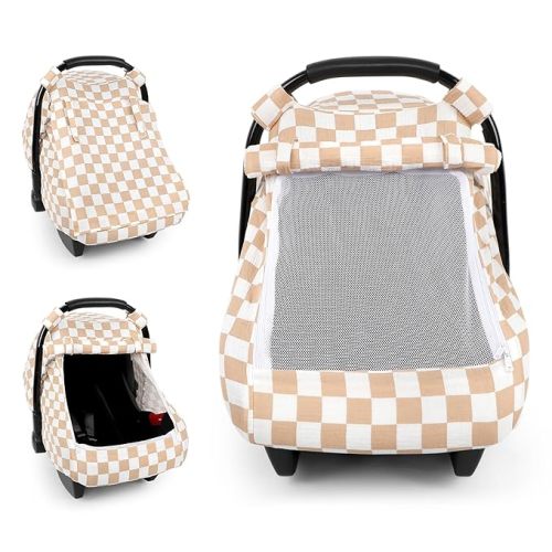 Car Seat Covers for Babies, Muslin Cotton Baby Car Seat Cover with Breathable Mesh Window, Summer Infant Car Seat Canopy for Boys Girls Newborn, Green Checkered
