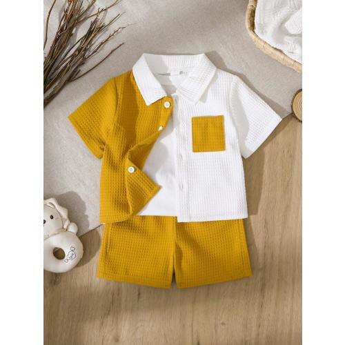 Vintaside Kids Baby Boy Decorated Patch Pocket Lapel Short Sleeve Cardigan And Shorts Set | SHEIN USA