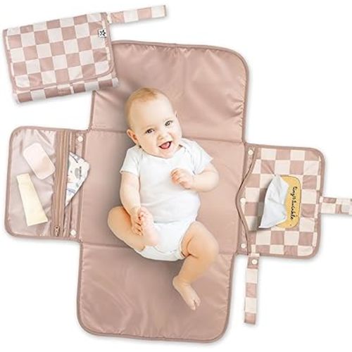 Tiny Twinkle Portable Diaper Changing Pad | Waterproof, Wipeable & Compact Baby Changing Pad for Travel | Smart Wipes Pocket & Organized Storage| Newborn Shower Gift (Beige Checkers)