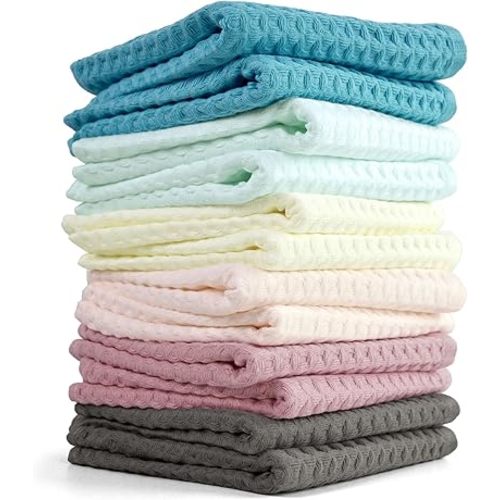 Cleanbear Waffle Wash Cloths Set of 12, Cotton Washcloths for Body and Face, 13” x 13”, 6 Assorted Colors