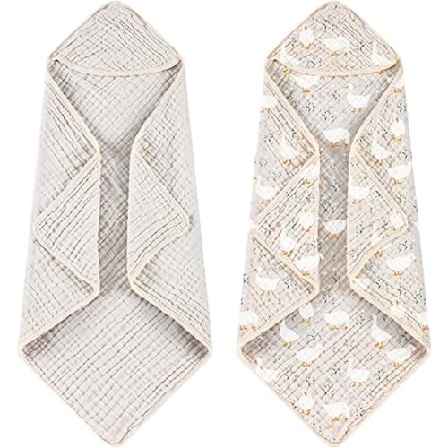 Hahafelt 2 Pcs Goose Baby Hooded Towels for Newborn 100% Muslin Cotton Baby Bath Towel with Hood for Babies Infant Toddler and Kids Large 32x32inch Soft Absorbent Kids Essential Gift