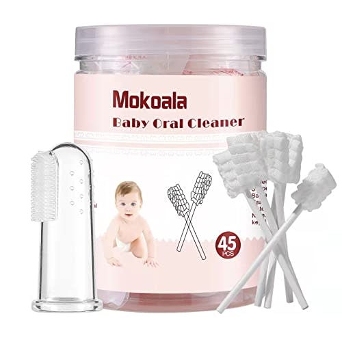 Mokoala 45 Pack Baby Tongue Cleaner, Infant Toothbrush, Disposable Infant Gums Cleaner, Soft Gauze Toohthbrush Newborn Oral Cleaning Stick Dental Care for 0-36 Month Baby+ 1Pcs Finger Toothbrush