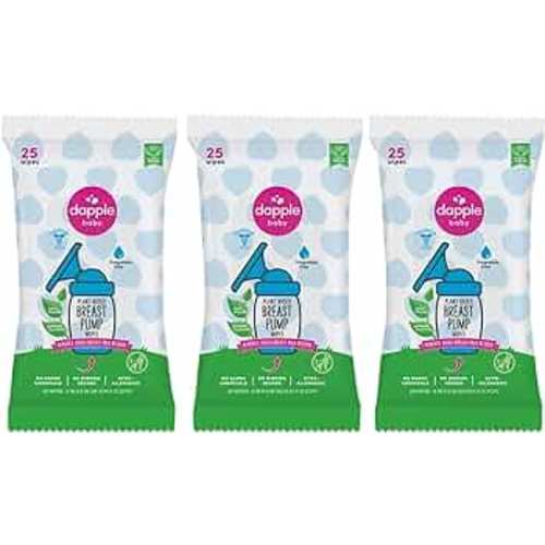 Breast Pump Wipes by Dapple Baby, 25 Count (Pack of 3), Fragrance Free, Plant Based & Hypoallergenic Breast Pump Wipes - Removes Milk Residue, Leaves No Taste - Convenient Wipes Pouch
