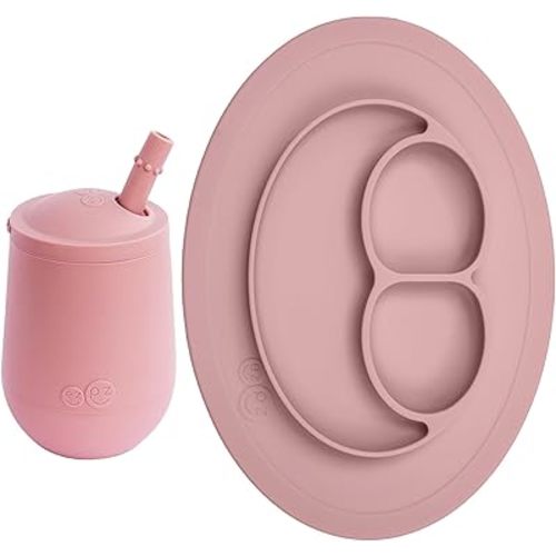 ezpz Mini Mat (Blue) + Mini Cup + Straw (Blush) - Toddler essentials straw cup and mat