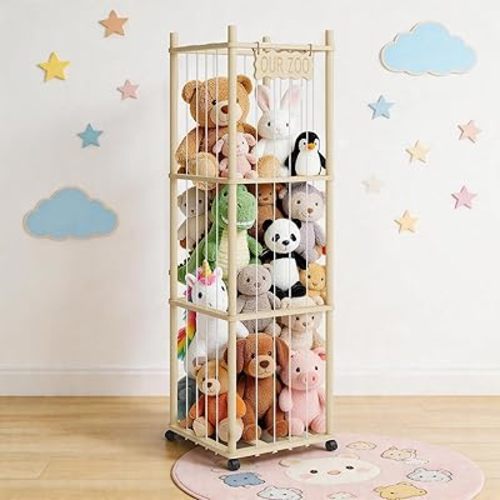 Rexlebo 54in Stuffed Animal Storage, 3-Tier Wooden Plushies Toys Organizer with Lockable Wheels, Space-Saving Stuffed Animal Zoo Holder for Nursery, Playroom, Kids Bedroom