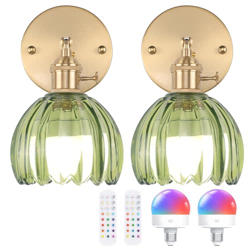Shenmoyl Vintage Battery Operated Wall Sconce with Cute Green Tulip Glass Lampshade Wireless Rechargeable Battery Powered Wall Light with Remote Control for Bedside Bedroom Doorway, Set of 2