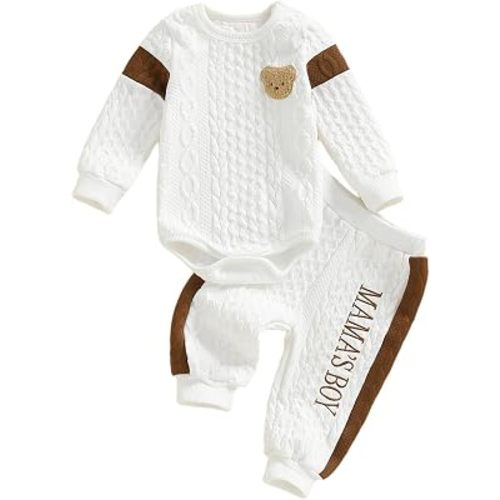 Baby Infant Boy Outfits Mama's Boy Long Sleeve Bear Embroidery Textured Romper With Pants 2Pcs Set
