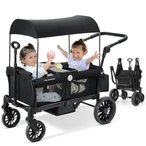 ELEMARA Wagon Stroller for 2 Kids, Premium All-Terrain Stroller with Canopy, Adjustable Push/Pull Handle Bar, Comfortable drop-down footwell and Upholstered Seats, Black