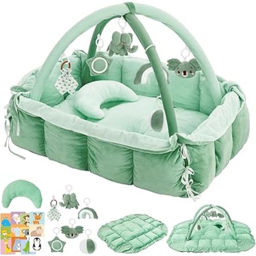 5-in-1 Baby Play Gym and Tummy Time Mat, Tummy Time Pillow & 12 Learning Cards, Plush Activity Mat with 6 Toys, Baby Gym, Convertible to Ball Pit, Baby Gift, Sage Green