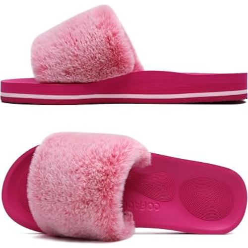 COFACE Fuzzy Womens Slippers with Arch Support Open Toe Orthopedic Fur Slipper Indoor Outdoor