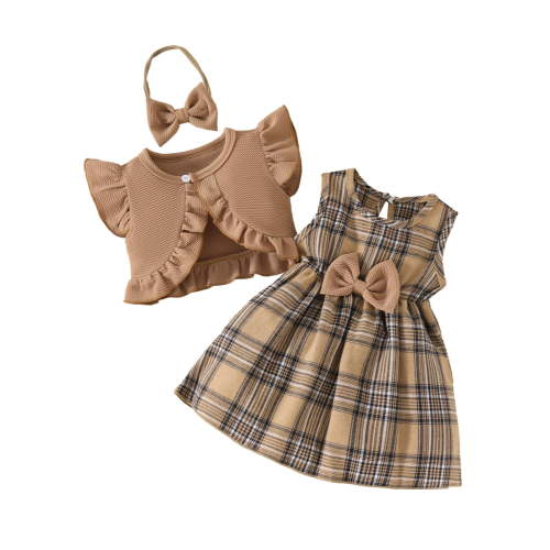 Fshinging 2025 Baby Girls Fly Sleeve Ruffles Tops Plaid Prints Princess Vest Dress Headbands Clothing Sets Size 9-12 Months