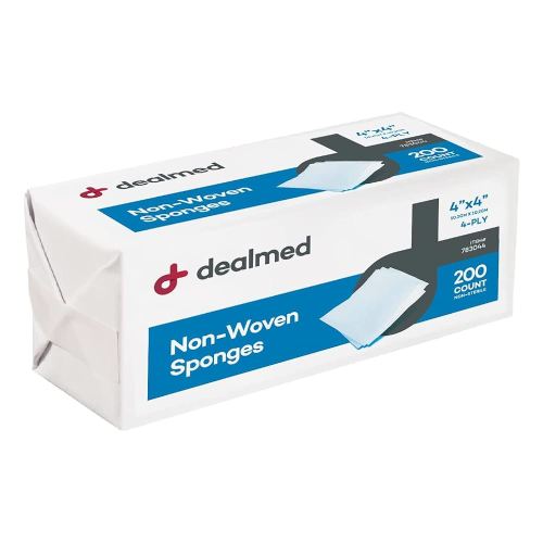 Dealmed Non-Woven Gauze Sponges - 4-Ply, 4" x 4" All-Purpose Non-Sterile Absorbent Dental Gauze Wound Care for First Aid Kit/Medical Facilities, 200 Count (Pack of 1)