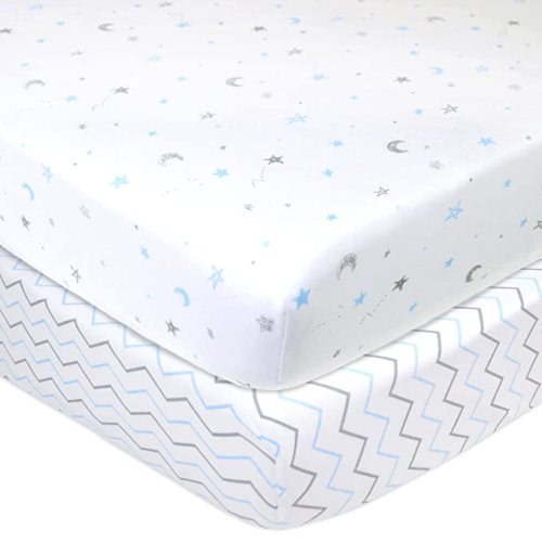 American Baby Company 2 Pack 100% Natural Cotton Fitted Crib Sheets 52" x 28" - Soft, Breathable, Hypoallergenic & Gentle Toddler Bed Sheets, Blue Stars/Zigzag, Neutral for Boys & Girls