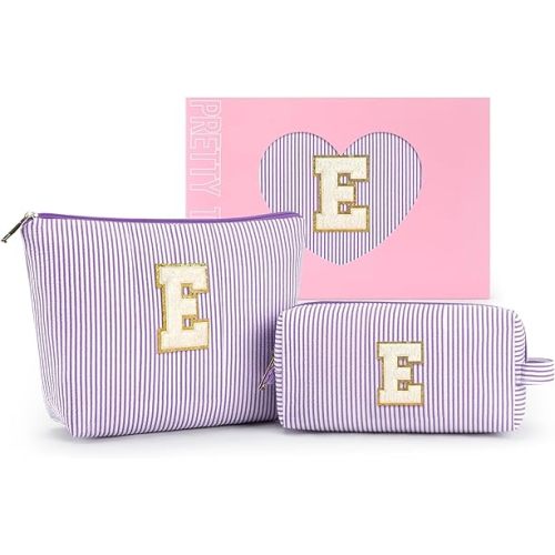 mibasies 2 PCS Initial Makeup Bags for Women: Cosmetic Bag for Travel Toiletry - Personalized Cute Makeup Pouch - Gifts for Grilfriend Wife Moms Bridesmaid - Retirement Travel Gifts - Purple E