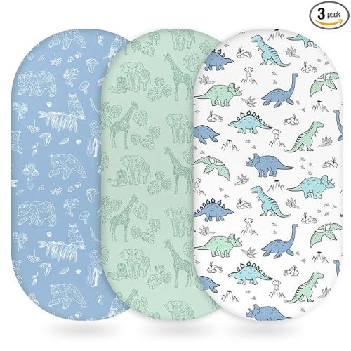 Unnivoll Baby Bassinet Sheets Girl Boy, Fitted Bassinet Sheet Set 3 Pack Bassinet Mattress Sheets Universal Fit for Rectangle, Round, Oval, Hourglass Mattress, Soft Breathable Green & Blue Dinosaur