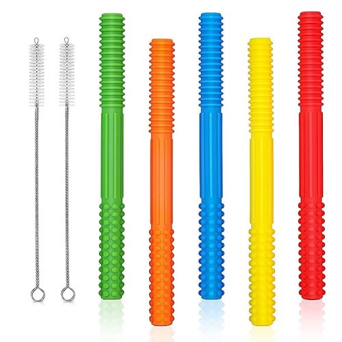 SLGOL Hollow Teether Tube(6.8'' Long), 5 Pack Chew Straw Teething Toys for Infant Toddlers Silicone Tubes Teething Sticks for Babies 3-12 Months, BPA Free