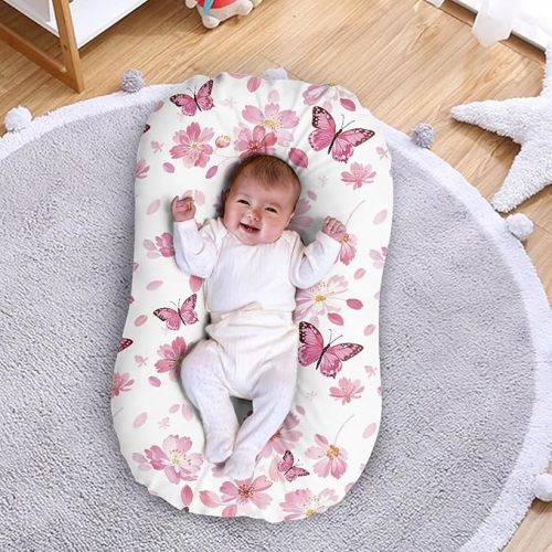 Cherry Blossom Butterfly Newborn Lounger Cover for 0-12 Months Girls Breathable & Portable Infant Lounger Case Universal Baby Lounger Replacement Cover