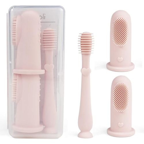 Ali+Oli Baby Oral Care Set (Blush) - Dual-Sided Finger Toothbrush x2, Tongue Scraper, Protective Case - BPA, Phthalate, PVC Free - Food-Grade Baby Care Products for Infants