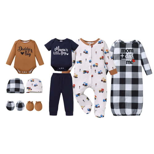 KIMI BEAR Newborn Baby Boy Layette Set 0-3 Months Shower Gift Essential Clothes 4 Packs Rompers Pants Sleeper Gown with Hats Mittens Outfits Set Essentials Clothing Multicolor