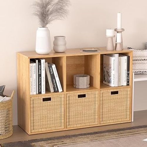 Wooden 6 Cube Storage Organizer with Closed Back Panel,White Cube Shelf Cubby Storage Organizers with Compartments for Living(Oak, 6 Cube-13in)
