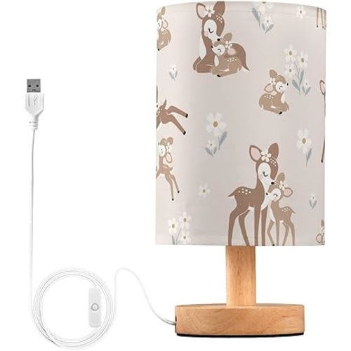 Bedside Table Lamp Woodland Animals Nightstand Lamp with Wood Forest Deer Floral Pink Desk Lamps for Bedroom Living Room Nursery Office Home Decor