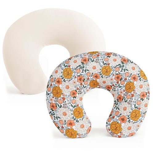 Konssy 2 Pack Nursing Pillow Covers, Stretchy and Soft Nursing Cover for Breastfeeding, Pillow Slipcover for Baby Girls Boys Newborn (Beige, Floral)