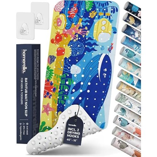 Bath Tub Mat Non Slip Anti Mold for Kids BPA Free INCL Hooks - homerella® Ocean Sea Animals 40x16, Baby Bath Mat Non Slip 200 Suction Cups, Non Toxic Machine Washable Toddler Bath Mat, EU Certified