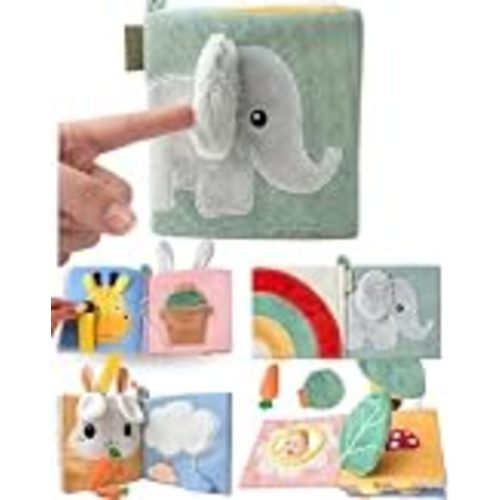 Soft Baby Book with Mirror - Crinkle Cloth Sensory Book, 0-18 Months | Touch and feel textures, peek-a-boo flaps, machine washable polyester, tummy time and travel toy, animal themes, gift