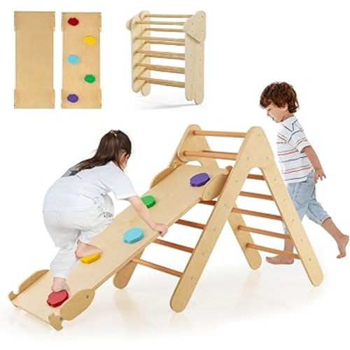 OLAKIDS Pikler Triangle Set 3 in 1 Climbing Toys for Toddlers Wood Montessori Baby Jungle Gym with Ramp Ladder Slide Kids Indoor Playground Activity Play Structure