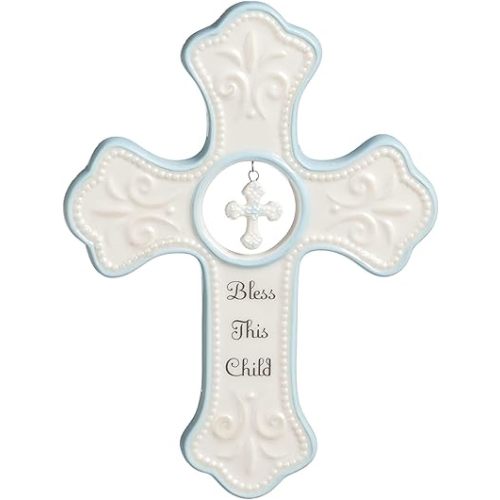 DEMDACO Bless This Child Wall Cross - Blessing Cross for Baby - Faith Nursery Decor - Gift for Newborn - Religious Christian Wall Hanging - Porcelain - Gift Box Packaging - Blue