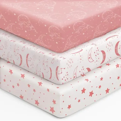 Baby Crib Sheets for Boys Girls, 28x52x8in Fitted Crib Sheet Neutral 3 Pack for Standard Crib and Toddler Mattress, Breathable Soft Microfiber Baby Sheet Pink White Moon